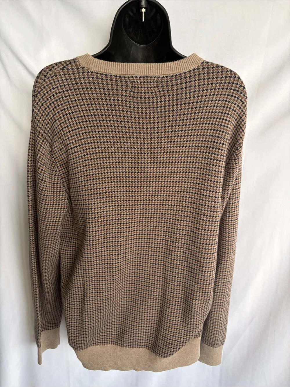 J Crew Houndstooth Sweater Mens M Brown Beige Cotton Knit Crewneck Pullover